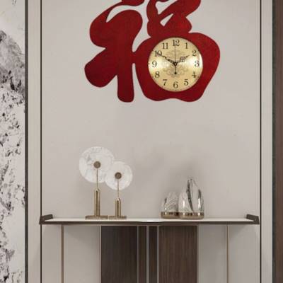 新中式客厅福字挂钟木质静音中国风钟表创意大气挂墙时钟复古挂表