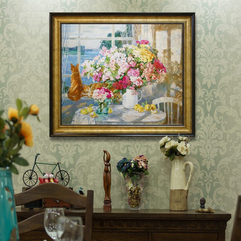 《温暖的阳光》花卉橘猫原创手绘餐厅欧式美式轻奢高级感装饰油画