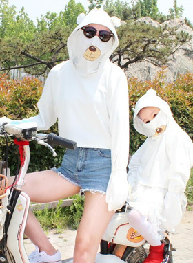 夏季电动摩托车儿童防晒衣服女亲子款自行车短外套披肩带帽遮阳衫