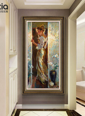 入户玄关装饰画竖版美式走廊过道挂画抽象人物客厅背景墙壁画油画
