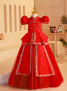 高端红色女童礼服舞台主持人走秀演出公主裙蒙古族中国风长裙新款