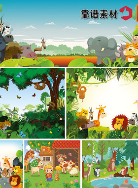 动物园动物森林树林动物农场卡通插画背景AI矢量设计素材