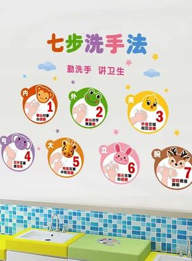 七步洗手法宝宝幼儿园洗手步骤卡通贴纸图墙贴厕所卫生间标语防水