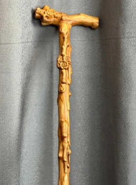 桃木龙头拐杖老人手杖防滑轻便木质拐棍实木雕刻新中式登山杖礼品