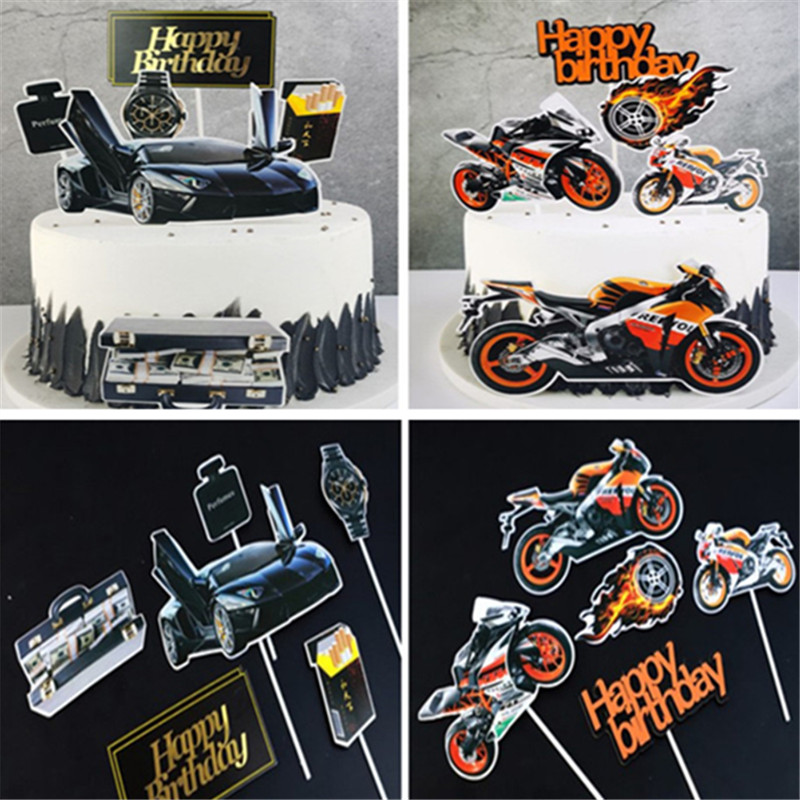 创意男士蛋糕装饰 炫富豪车手表蛋糕插牌 摩托车跑车烘焙蛋糕插件