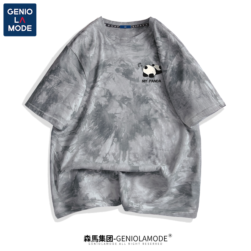 GENIOLAMODE扎染t恤男熊猫图案小众设计感夏季纯棉短袖薄