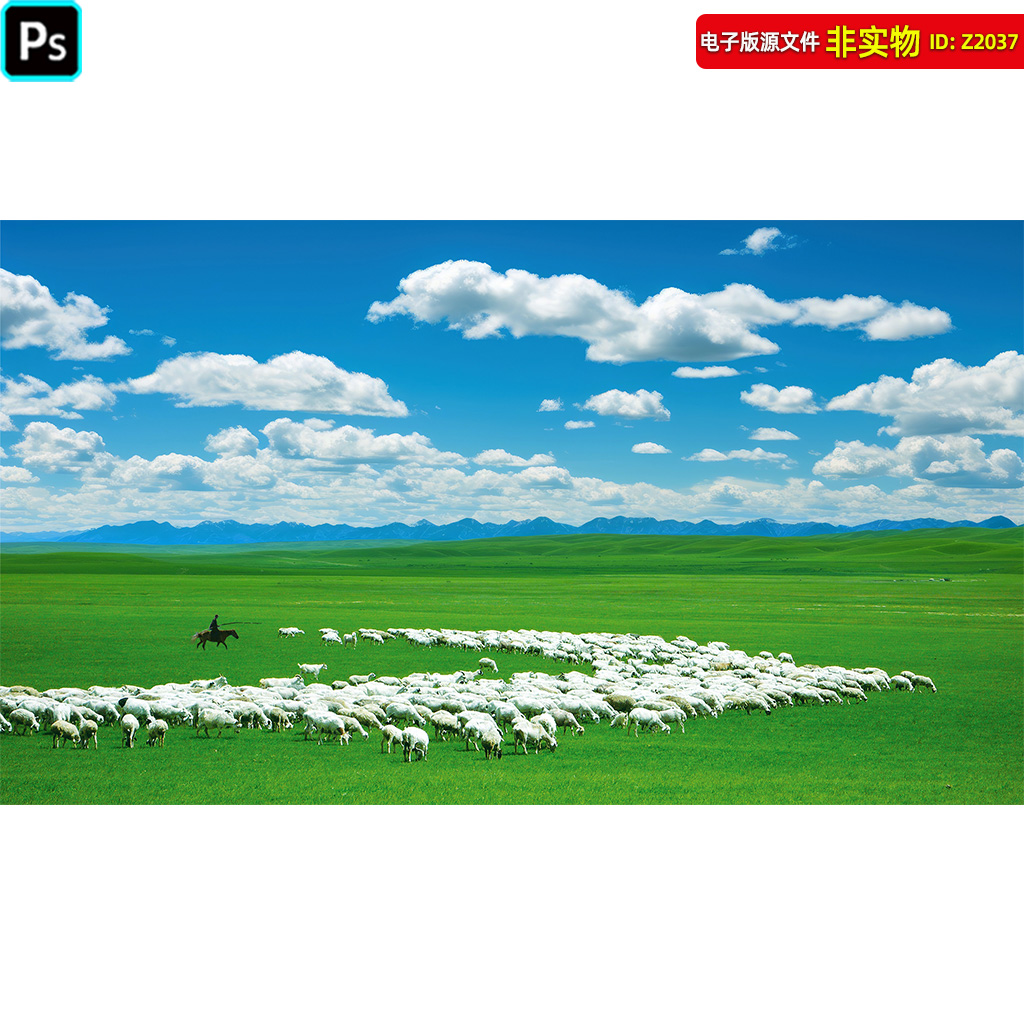 草原羊群蓝天白云风景图装饰画内蒙古风景背景墙自然风光壁纸素材