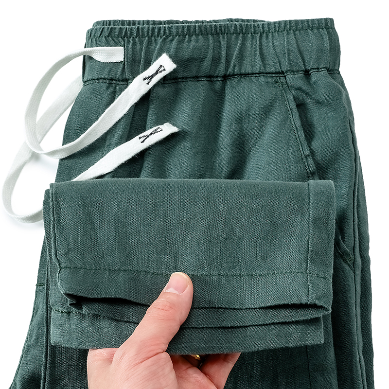 100%纯亚麻透气中国风新款绿色长裤子夏季薄款纯色简约休闲裤男士