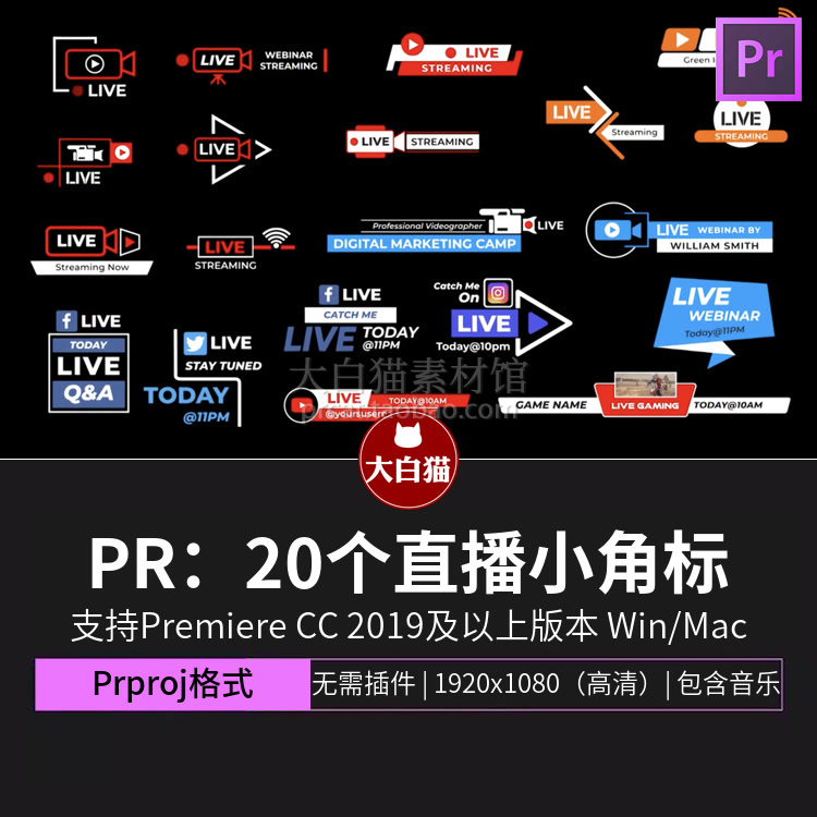 PR角标 20个频道介绍直播小角标字幕条premiere模板