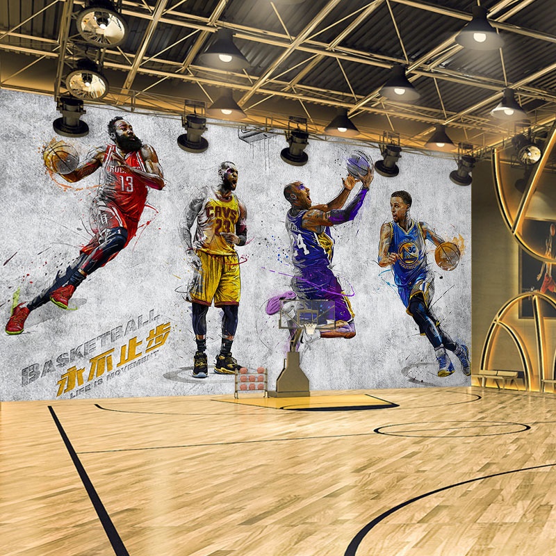 3D篮球主题壁纸科比库里詹姆斯哈登背景墙纸街头风水泥墙球馆壁画