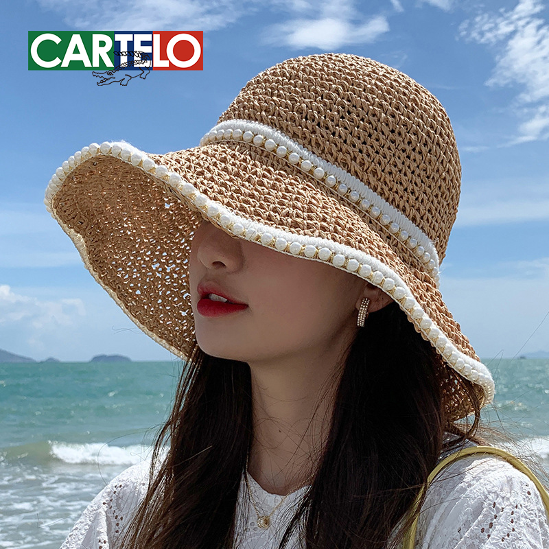 草帽女夏季沙滩度假可折叠珍珠太阳帽防紫外线大帽檐防晒遮阳帽子