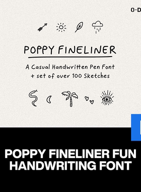 Poppy Fineliner趣味可爱钢笔手写涂鸦艺术英文logo字体设计素材