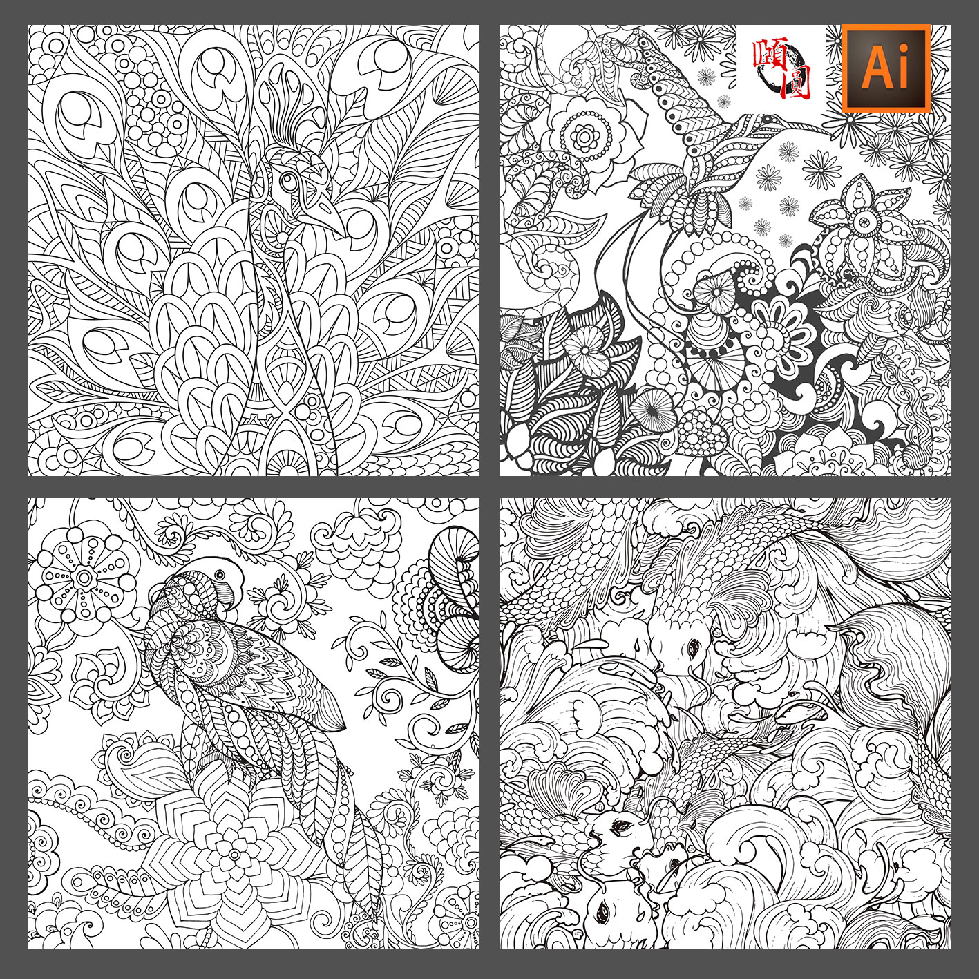 黑白线条线描鲜花树林动物孔雀花纹插画插图装饰画AI矢量设计素材
