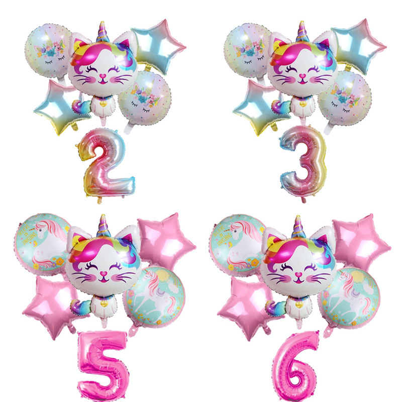 6件套彩虹独角兽猫箔气球30寸渐变色数字气球生日宴装饰用品