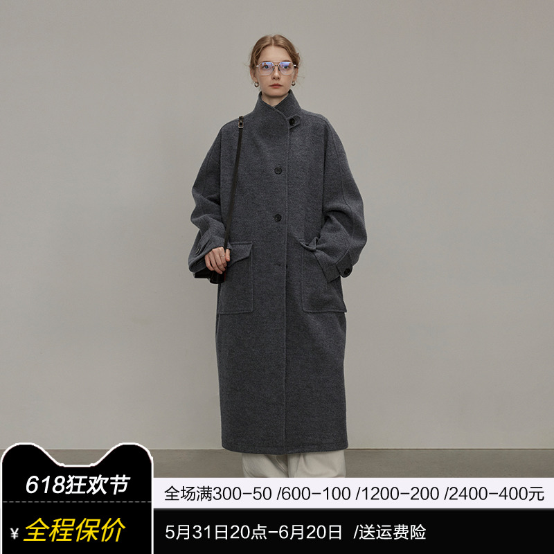 日本棉毛混纺半圆原创设计师女装2023冬季长款双面羊毛呢子大衣女
