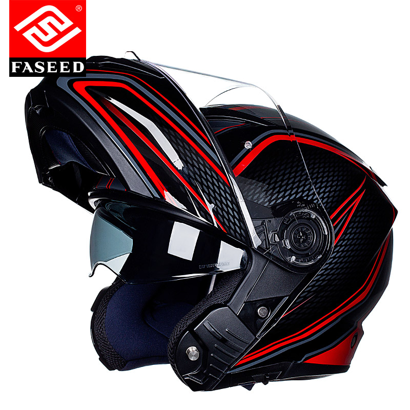 高档FASEED摩托车揭面盔男机车3C认证头盔女双镜片防雾夏揭面头盔