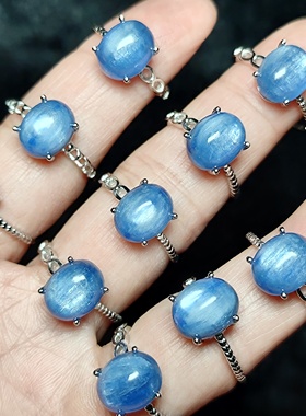 天然蓝晶石戒指 猫眼蓝晶戒指 颜色漂亮无优化纯天然S925银活口