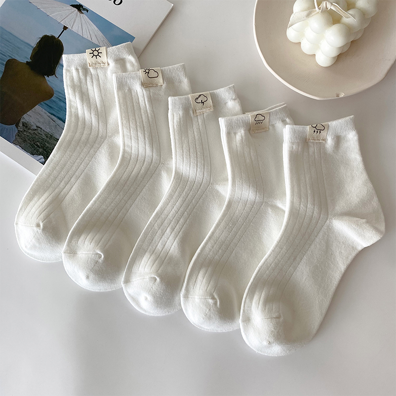 白色布标袜子女中筒袜ins潮韩国可爱日系天气卡通纯色长筒袜秋冬