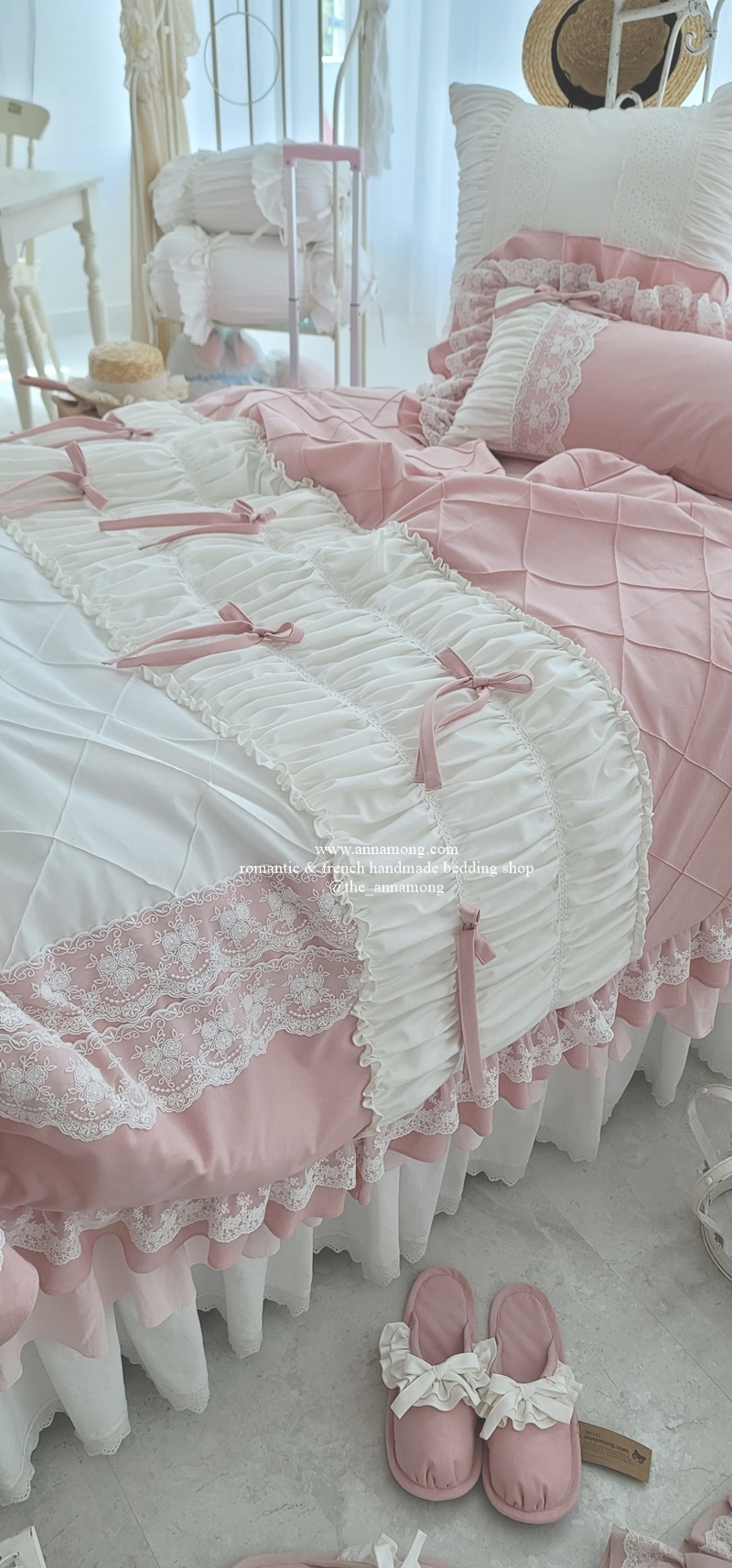 韩国进口直邮粉色紫色立体格精致蕾丝荷叶边公主唯美纯棉床品
