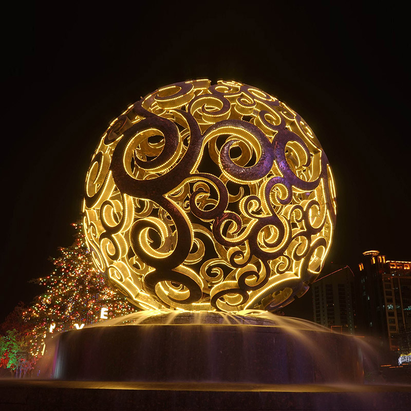 户外不锈钢镂空圆球雕塑铁艺金属发光花球广场景观水景创意装饰摆