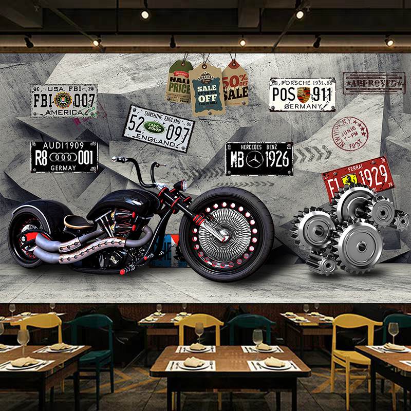 3d复古怀旧汽车机车摩托车壁纸个性酒吧ktv餐厅工业风墙纸壁画