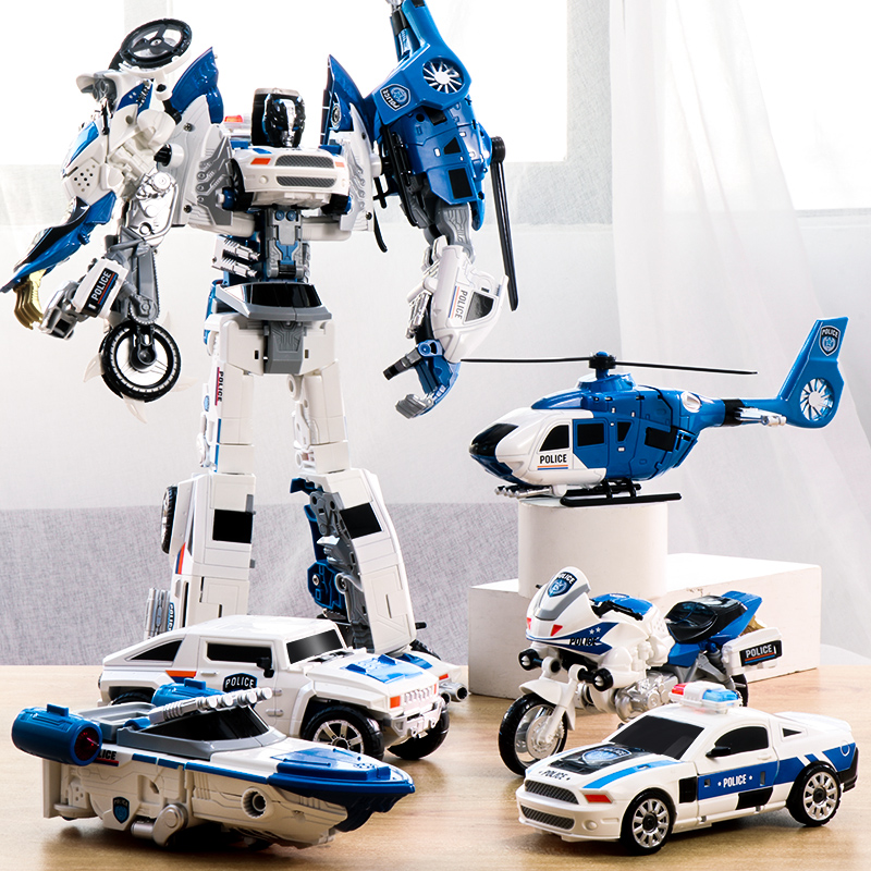 儿童男孩合金变形玩具合体正版模型汽车金刚机器人摩托警车五合一