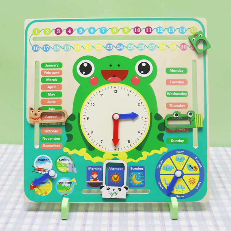 青蛙时间钟表教具学英语儿童日历天气认知板单词启蒙早教玩具木制
