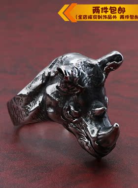 时尚钛钢戒指 犀牛头霸气动物戒指 个性夸张犀牛头男款戒指指环