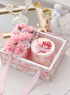 网红母亲节蛋糕装饰鲜花蛋糕透明手提盒4寸仿真康乃馨烘焙礼盒