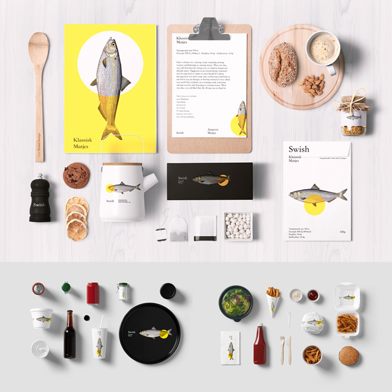 鱼类海鲜餐饮美食餐厅全套VI包装名片设计PSD智能贴图样机ps素材