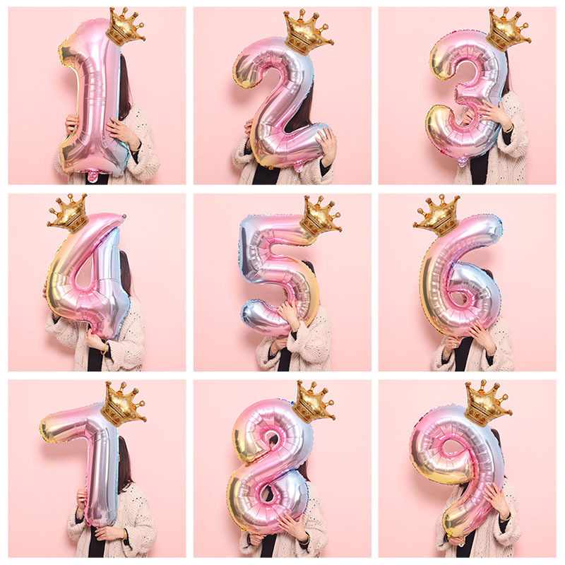 61渐变彩虹数字带皇冠气球宝宝生日周岁主题派对背景墙布置装饰