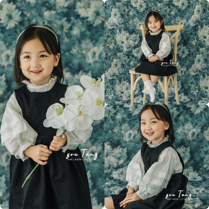 黑桃蓝色系油画花朵背景布女童摄影拍照连衣裙儿童写真艺术照服装