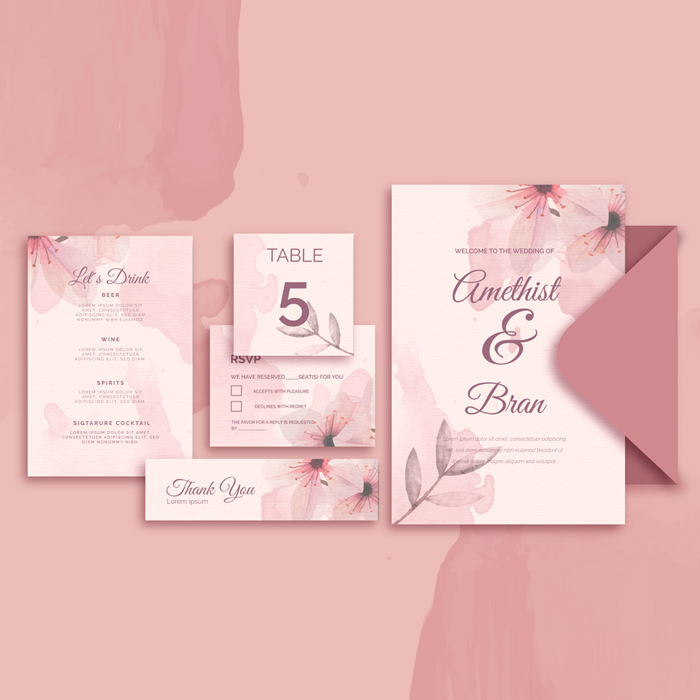 粉色水彩花卉简约风订婚礼生日宴邀请函迎宾牌海报背景AI设计素材