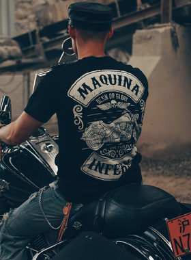 美式自由不羁重型机车摩托t恤硬汉骷髅骑手金属摇滚阿美咔叽短袖