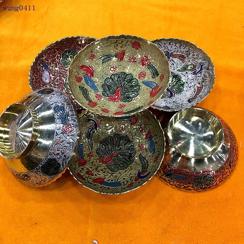 印度黄铜碗彩色雕刻花碗口径10厘米民族特色工艺品摆件旅游纪念品