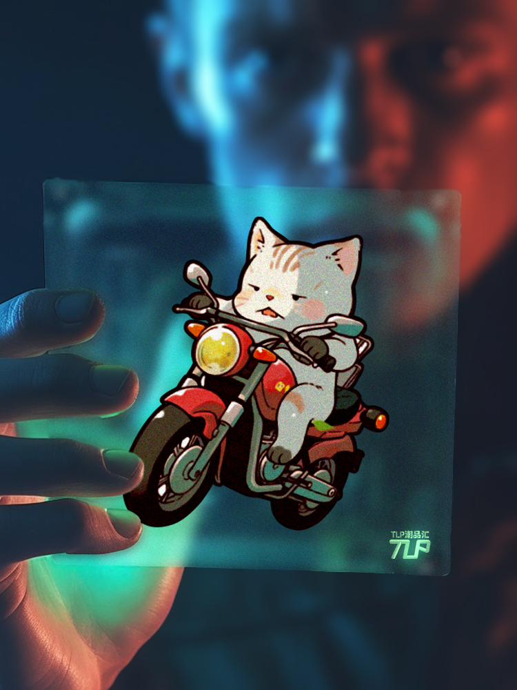 TLP反光车贴 原创 憨憨猫骑摩托 宠物可爱动物卡通 平面防水贴纸
