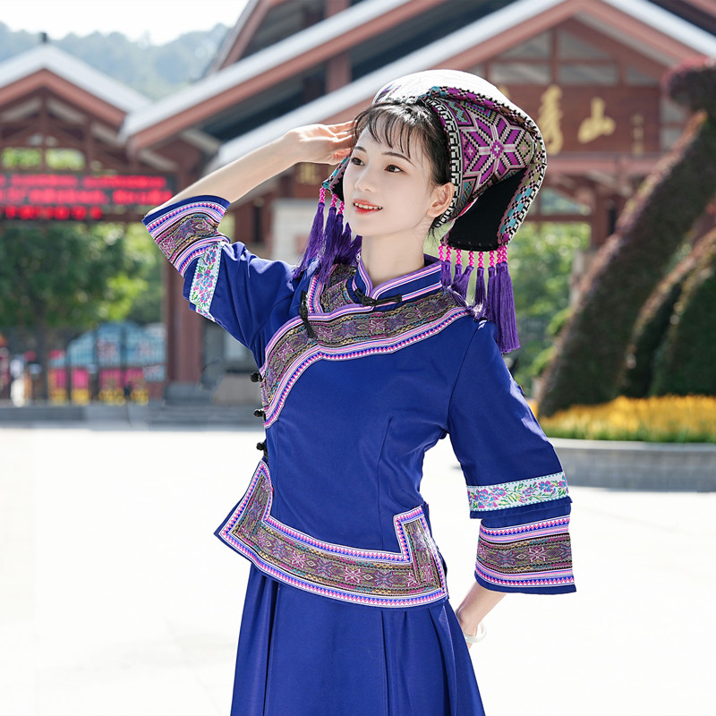 24款蓝色配紫八角花条壮族服装女传统服饰长裙回娘家三月三民族服