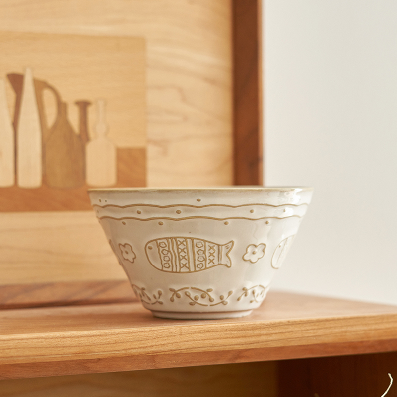 肆月卡通浮雕吃饭小碗家用单个复古陶瓷面碗可爱高颜值米饭碗餐具