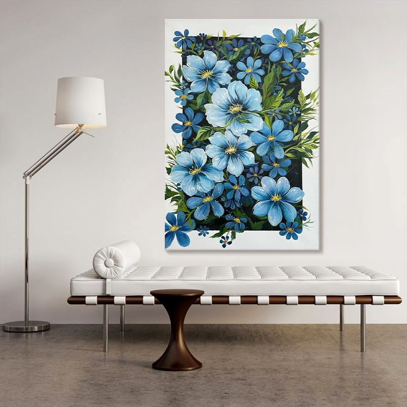 新客减小众艺术蓝色花卉客厅装饰画抽象花团锦簇纯手绘油画入户玄