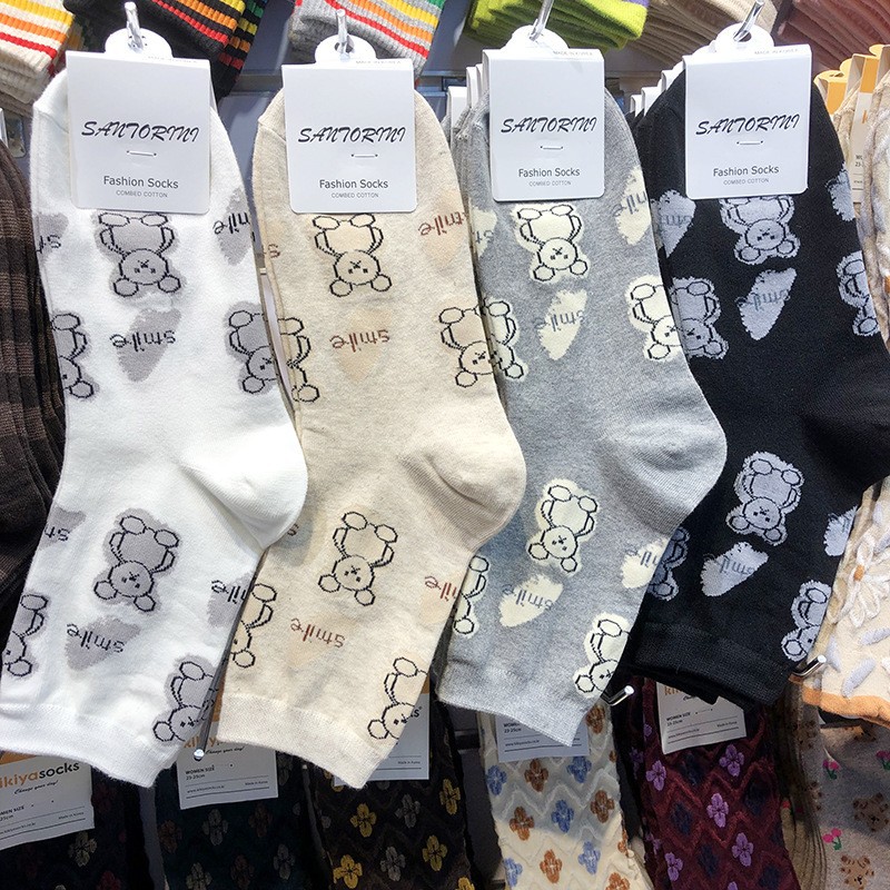 【现货】韩国ETNA新款袜子简笔画小熊少女袜可爱卡通中筒袜长棉袜