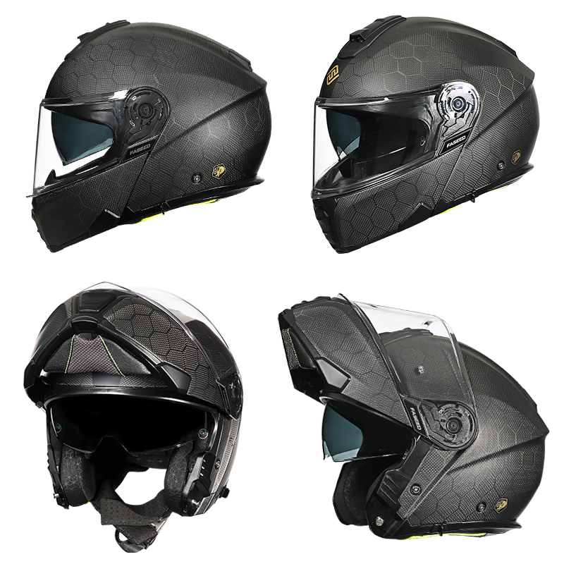 正品FASEED碳纤维揭面盔双镜片摩托车头盔男女全盔防雾3C认证大码