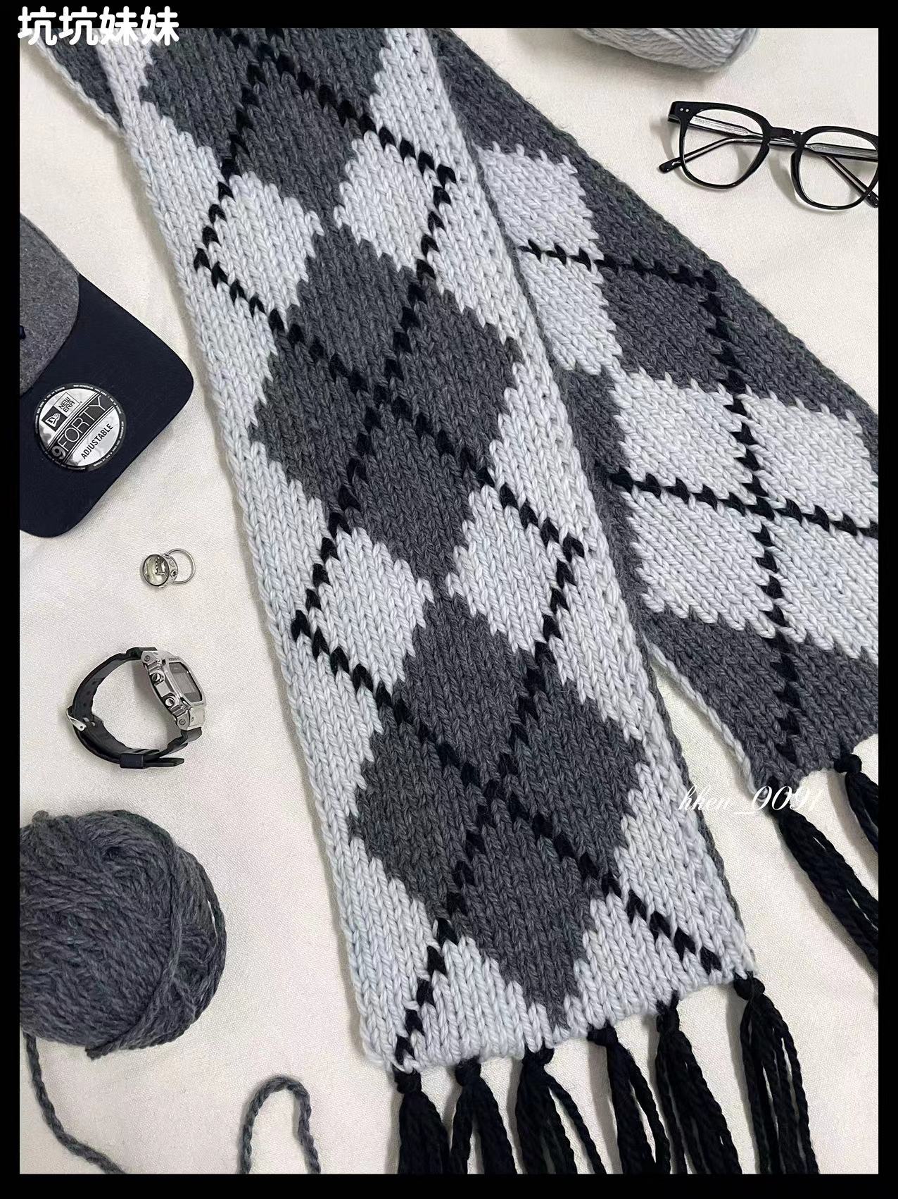 坑坑原创 菱格纹围巾纯羊毛编织材料包 手工DIY自制情侣复古棒针