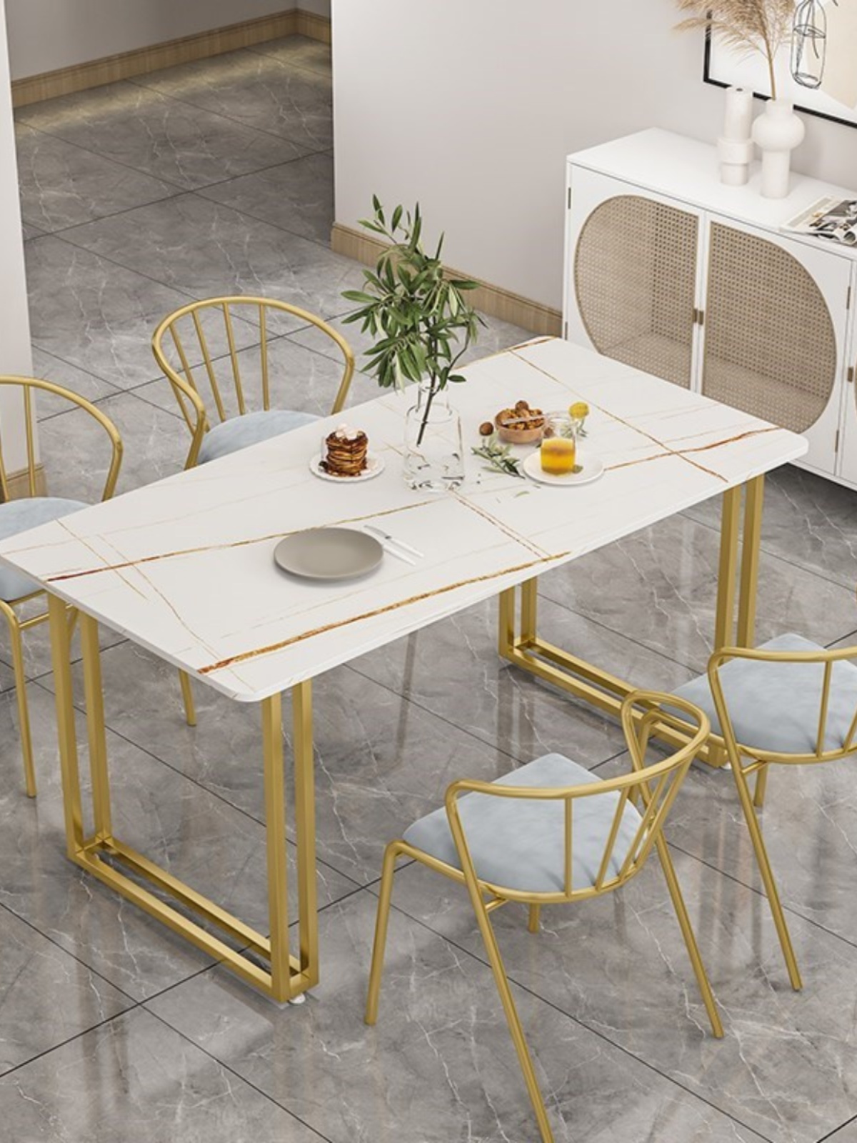 定制轻奢小户型岩板餐桌金色椅子组合简约家用46人餐桌吃饭桌子长