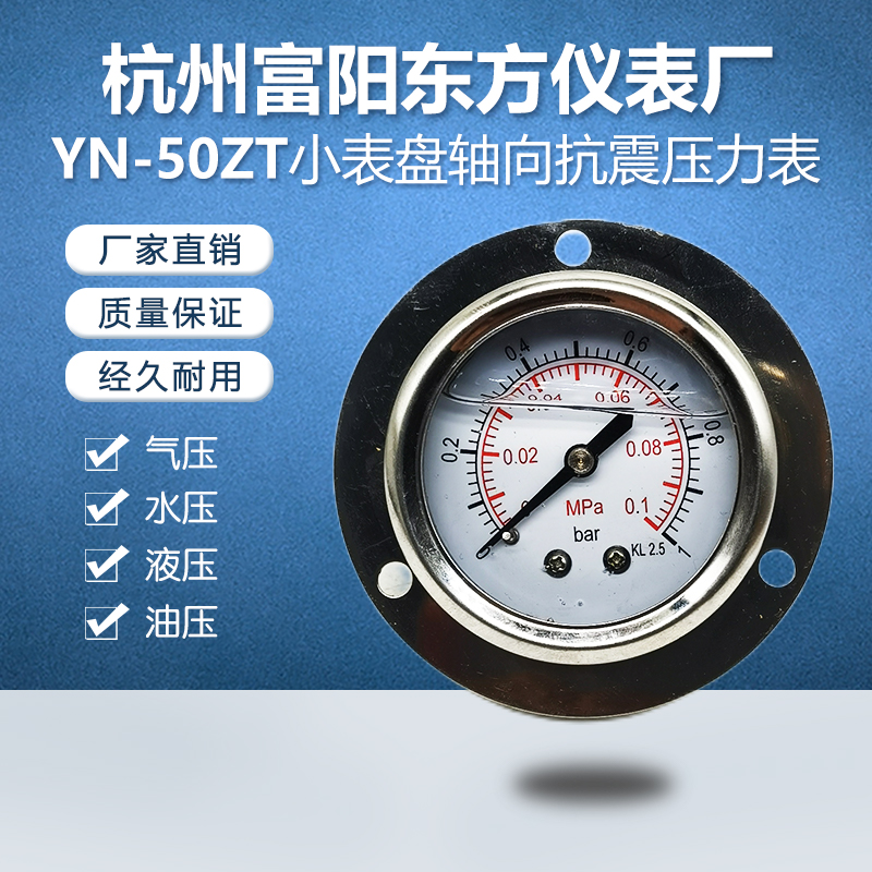 杭州富阳东方YN-50ZT轴向带边抗震耐振充油压力表小表盘油水气压