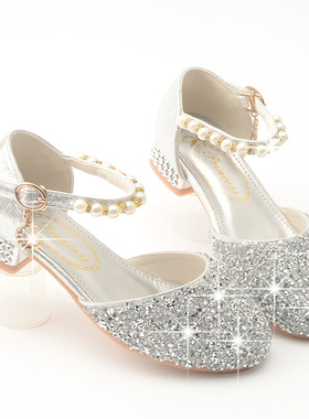 女童高跟鞋2024小女孩皮鞋软底银色表演单鞋儿童水晶鞋包头公主鞋