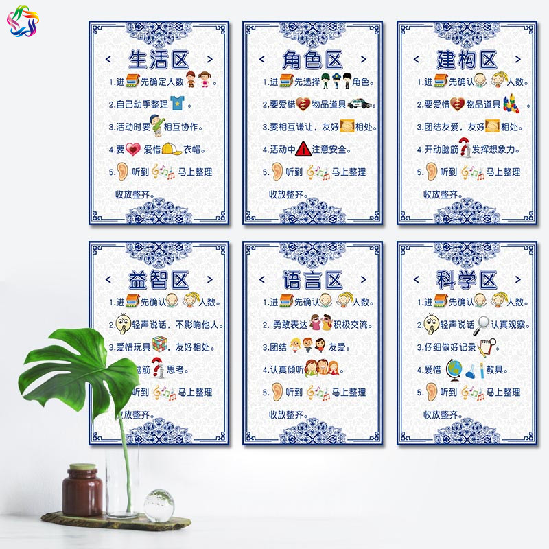 幼儿园中国风环创区角装饰蓝色青花瓷主题进区标识区域规则墙贴纸