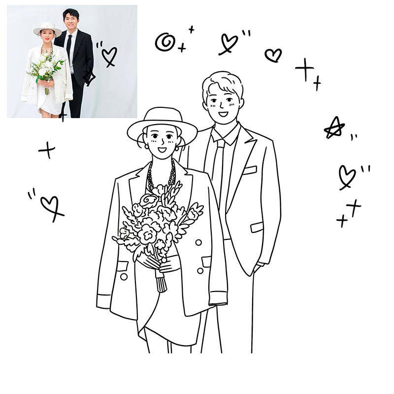 情侣漫画手绘卡通Q版黑白线条简笔画真人照片头像婚礼请柬设计