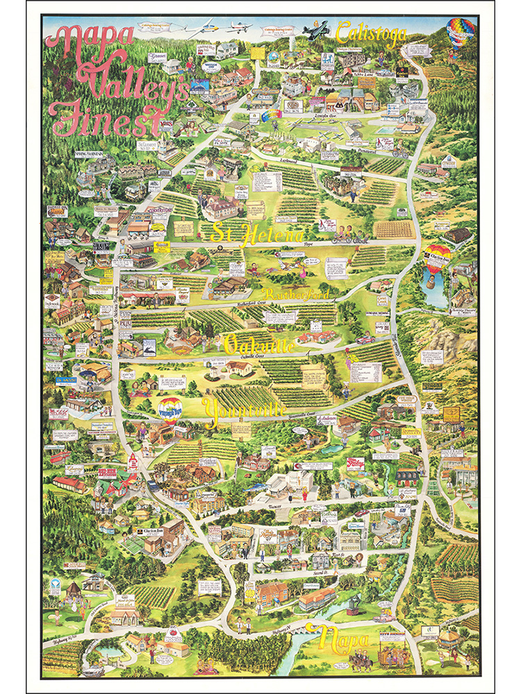 加州葡萄酒产地纳帕谷插画地图  旅游海报 酒吧商铺别墅装饰画芯