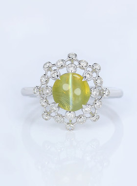豪华18K白金天然金绿猫眼宝石戒指 1.85克拉镶真钻石女款指环