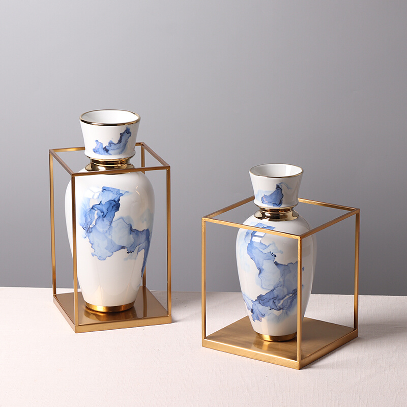 新中式格调青花瓷流云图案花瓶高温陶瓷客厅插花茶几装饰品摆件